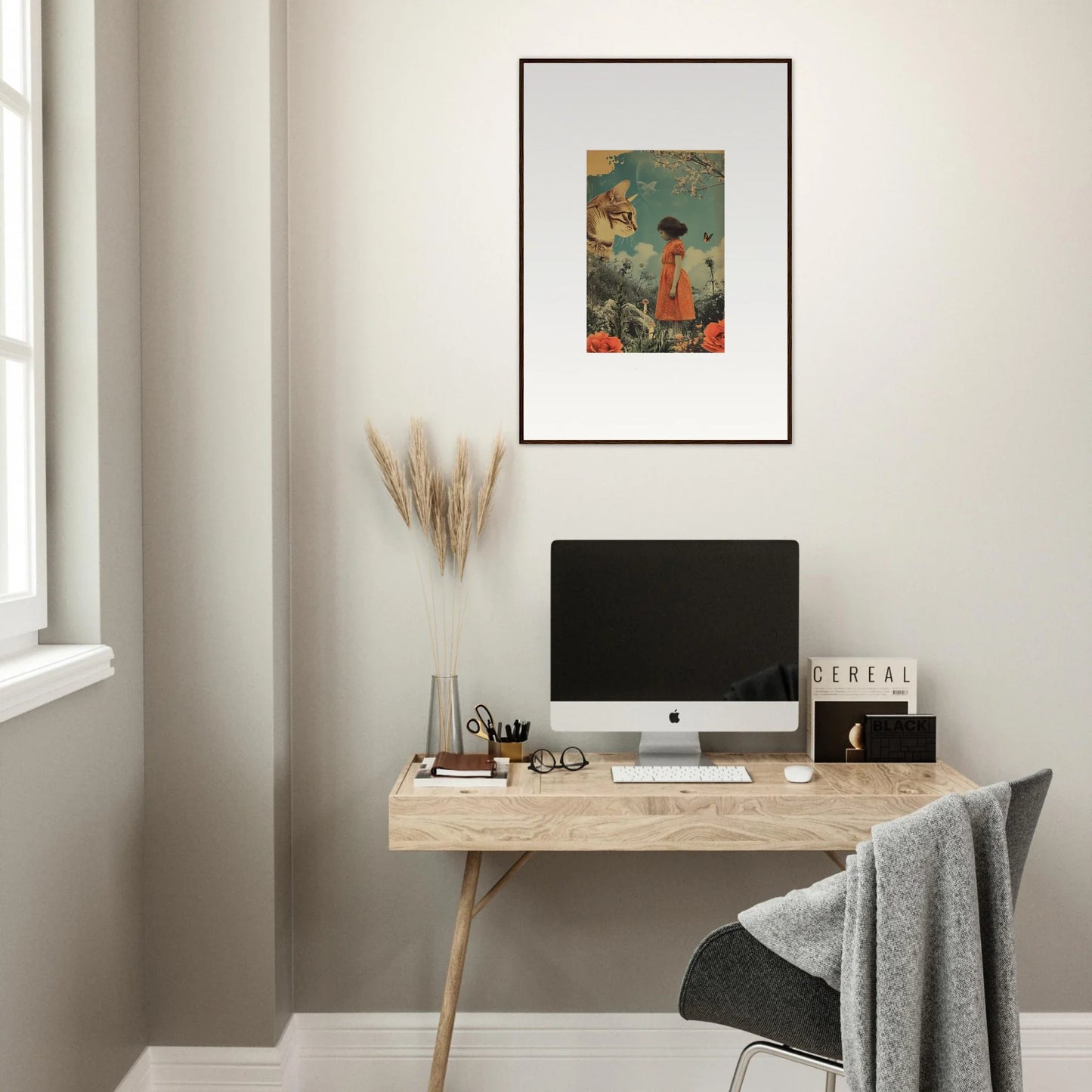 Minimalist wooden desk with a computer and Daydream Whisperannels canvas print above