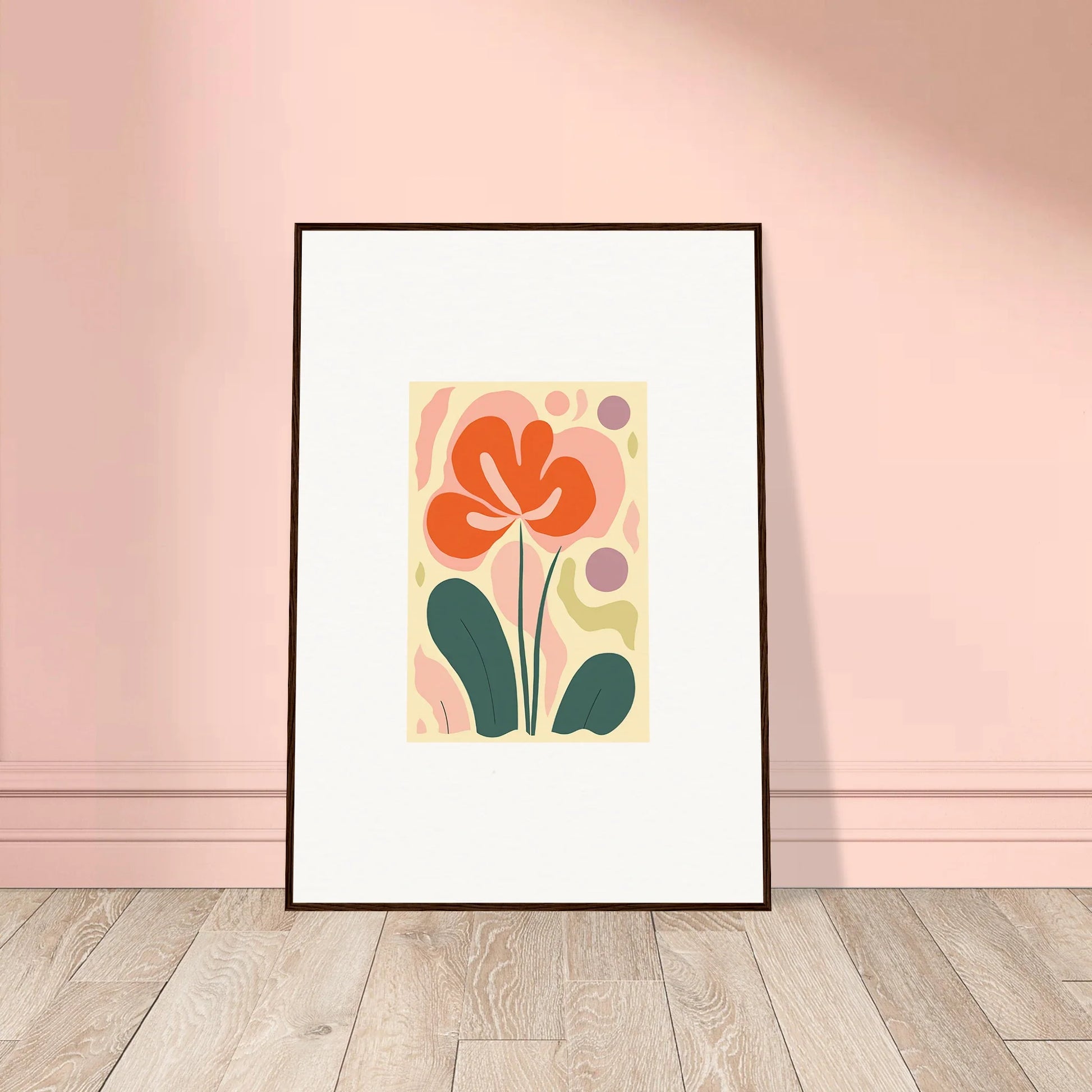 Framed canvas print of a vibrant orange flower for colorful room decoration echoes whimsy