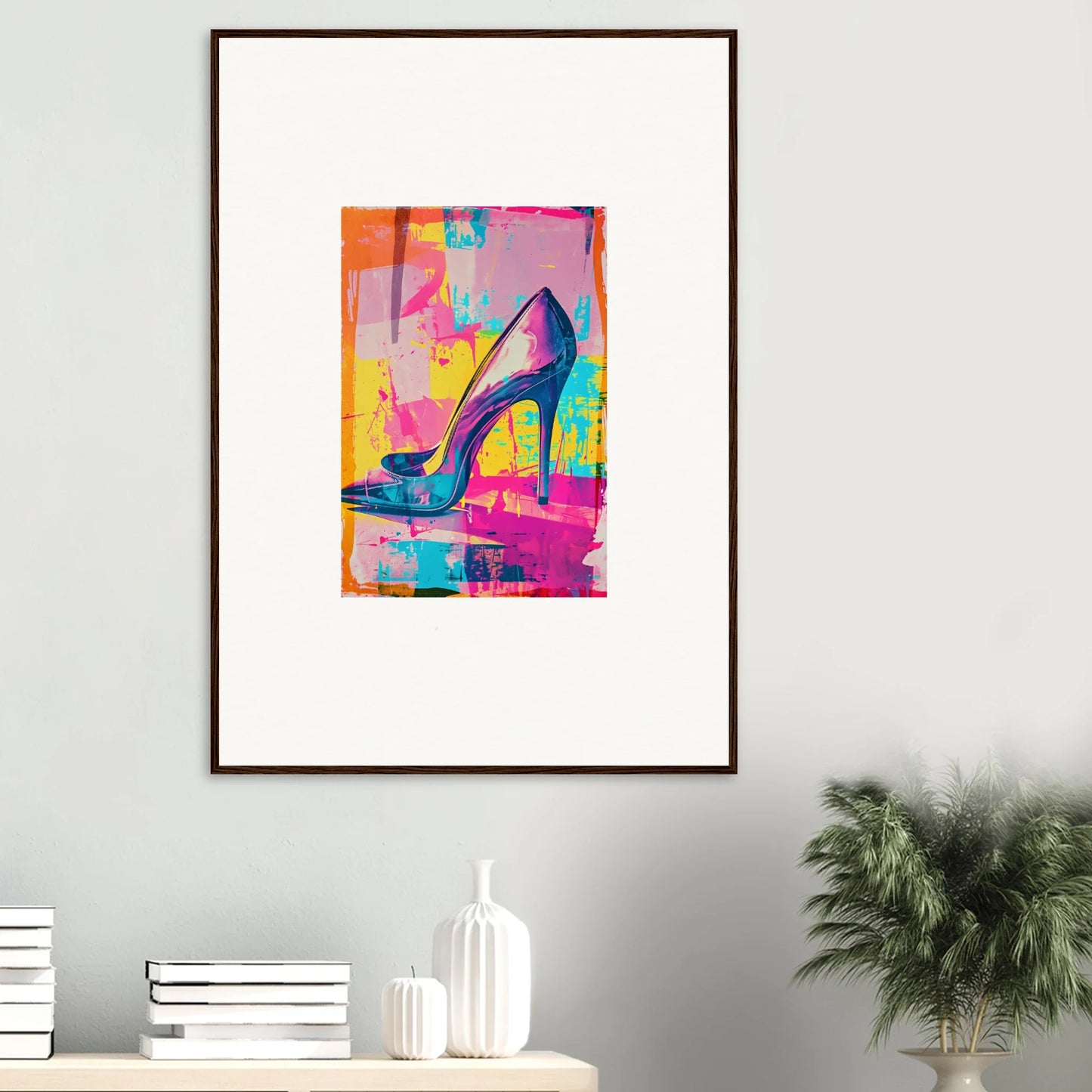 Colorful abstract painting of a high-heeled shoe for vibrant room decor and wall art