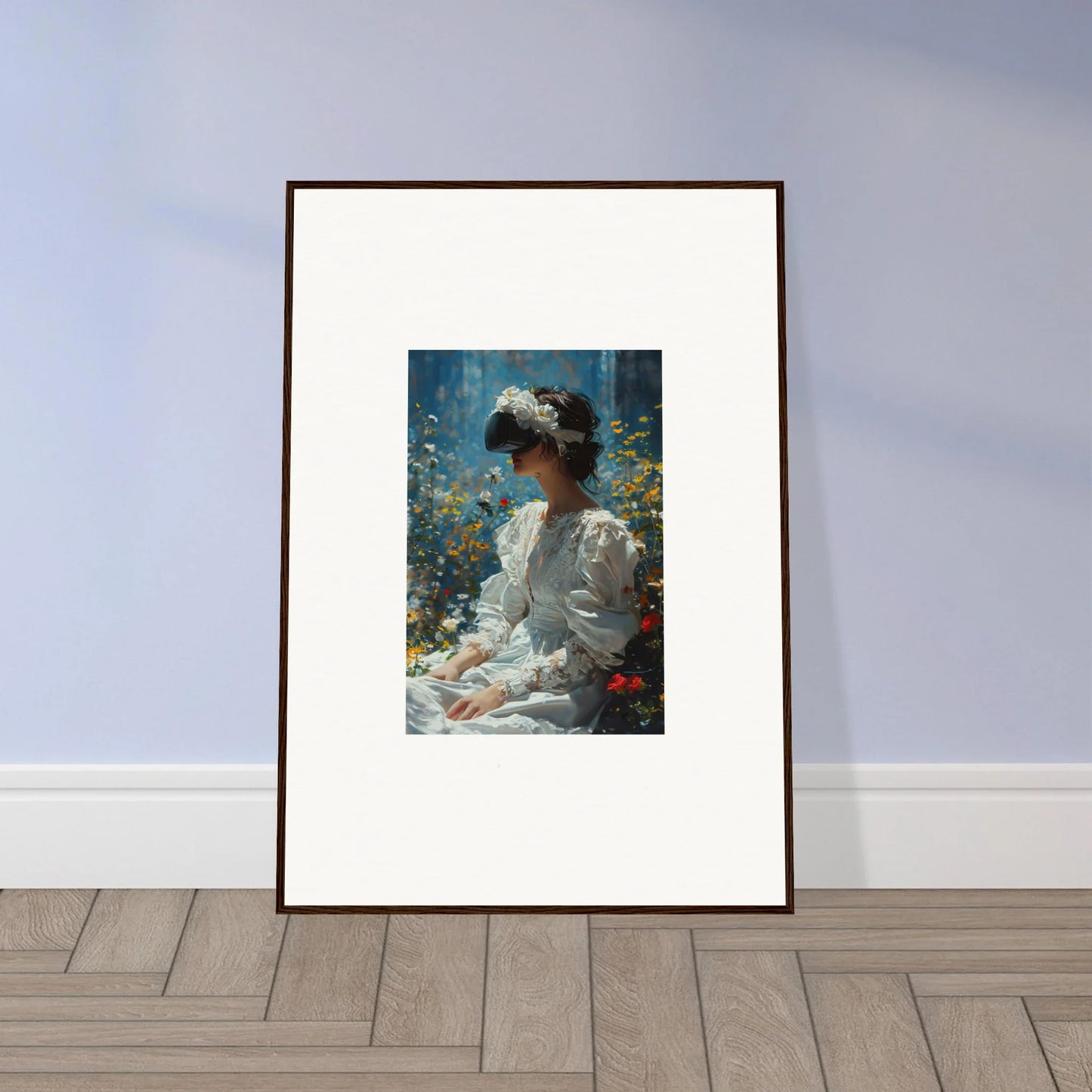 Framed canvas print of a woman in a white dress surrounded by flowers for room decoration