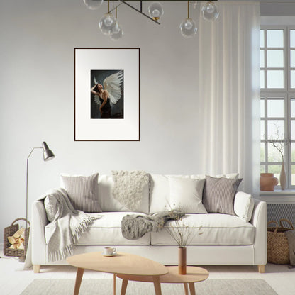 Cozy white sofa with gray and cream pillows perfect for Femme Ascent room decoration