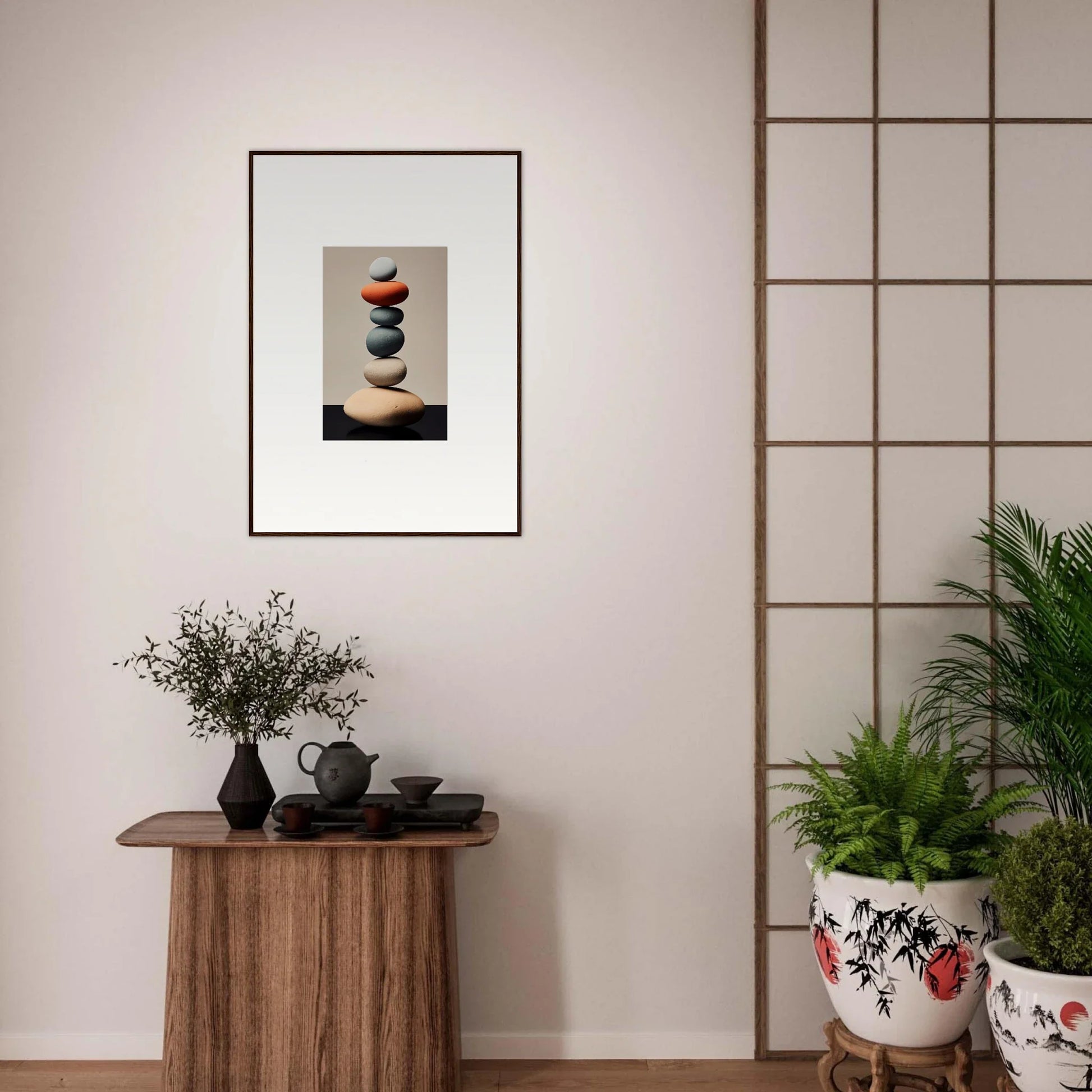 Framed canvas print of colorful stacked stones for dreamy room decoration