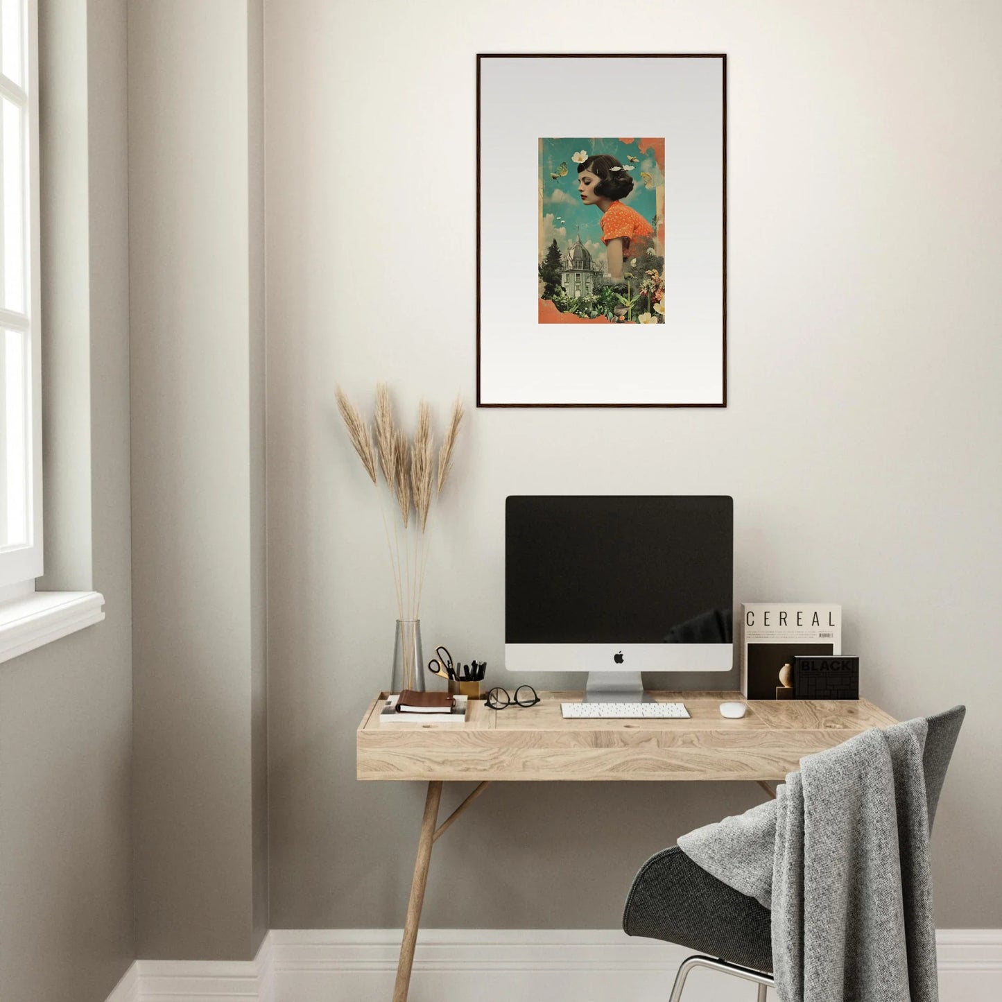 Minimalist home office with wooden desk, computer, and Botanical Parade canvas print