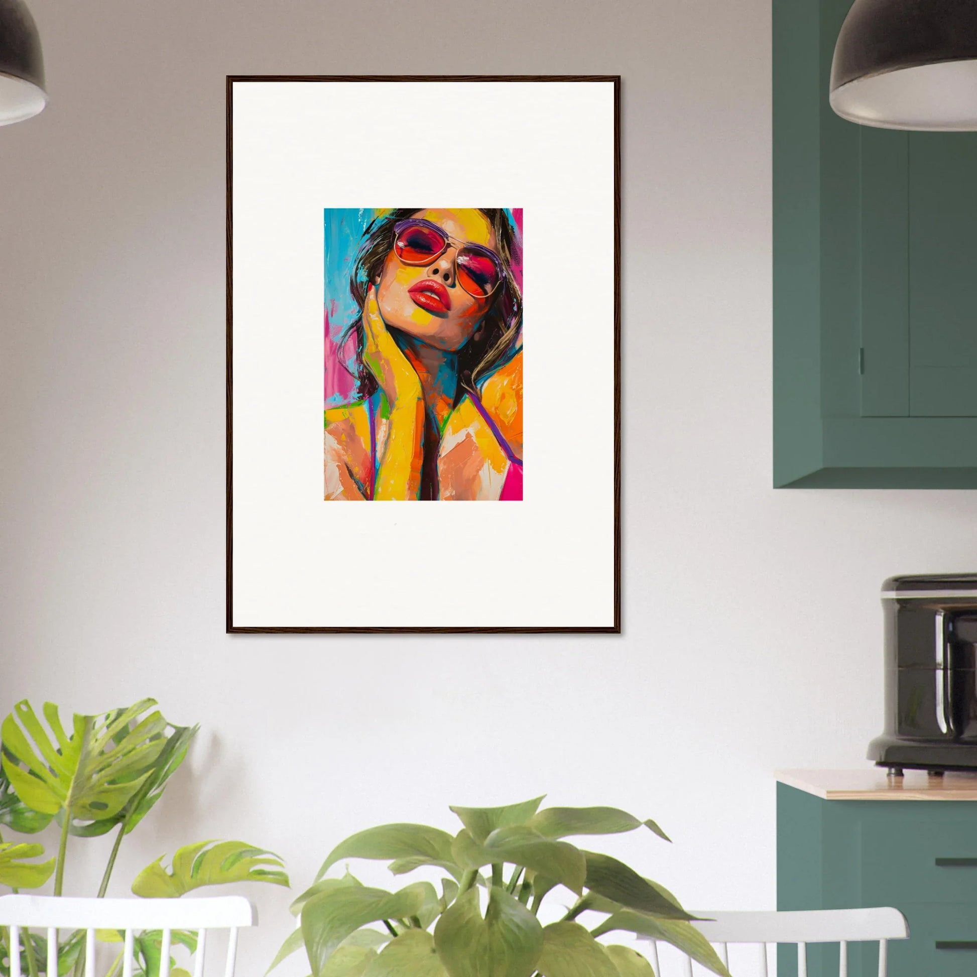 Colorful pop art canvas print of a woman in sunglasses, perfect for room decoration and mind prism vibes