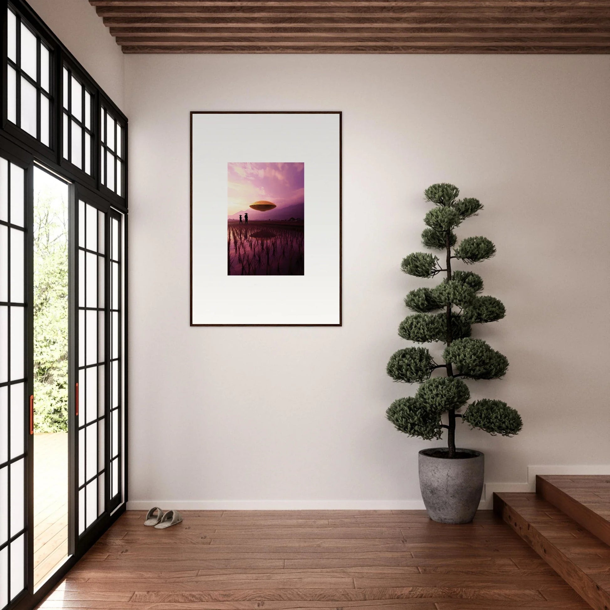 Framed canvas print of Violet Dreaming sunset with UFO over water, perfect room decoration