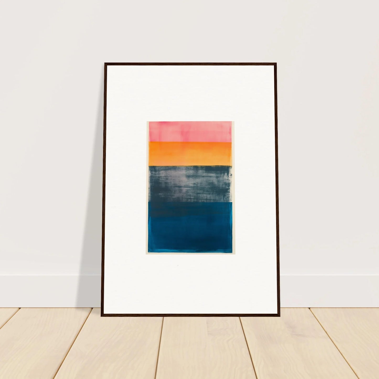 Framed canvas print of Sunset Blue Frequencies with pink, orange, and blue color blocks