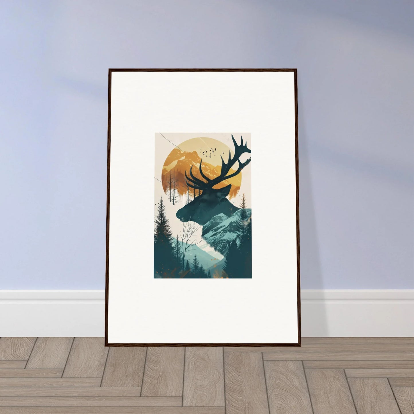 Framed deer panorama canvas print with mountains and trees for stylish room decoration