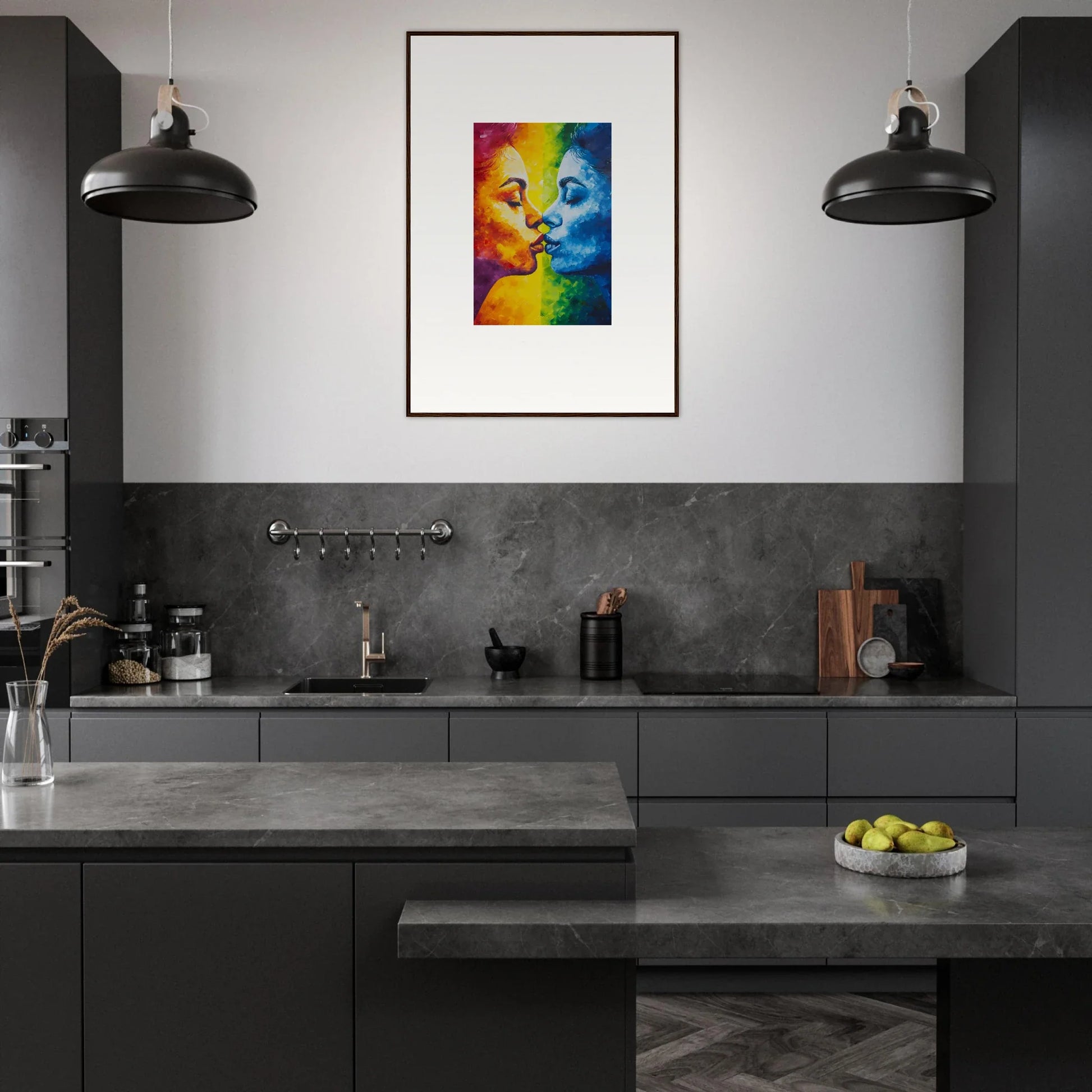 Modern kitchen with dark cabinets and a vibrant Cat Portrait canvas print for room decoration