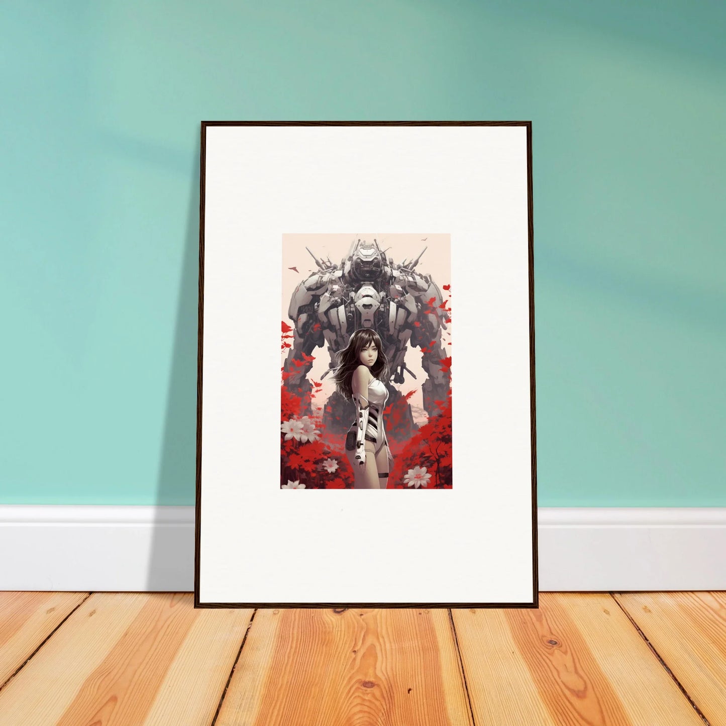 Stylized poppy lucidity canvas print with robotic elements for cool room decoration