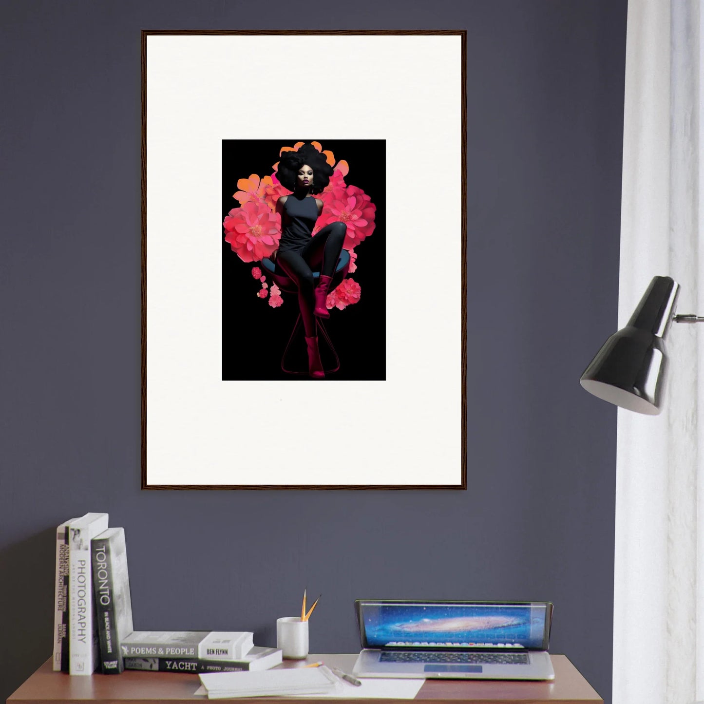 Framed canvas print of dark figure with pink shapes for unique room decoration, Equinox Sovereign