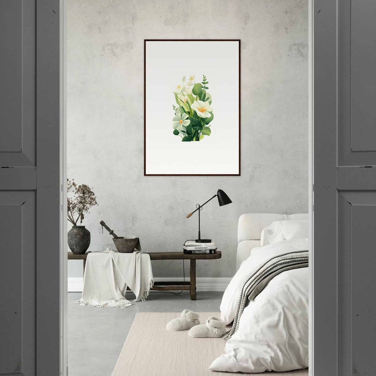 Framed botanical print of green leaves and a white flower for garden whispers room decoration