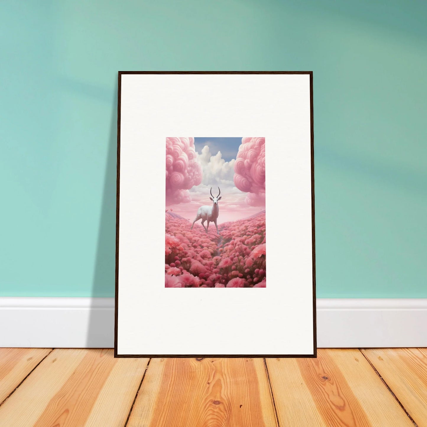 Framed canvas print of a deer in a pink landscape, perfect for room decoration