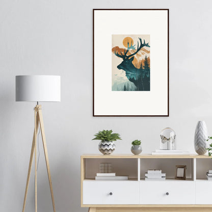 Framed canvas print of a deer silhouette with forest and mountain scenery for room decoration