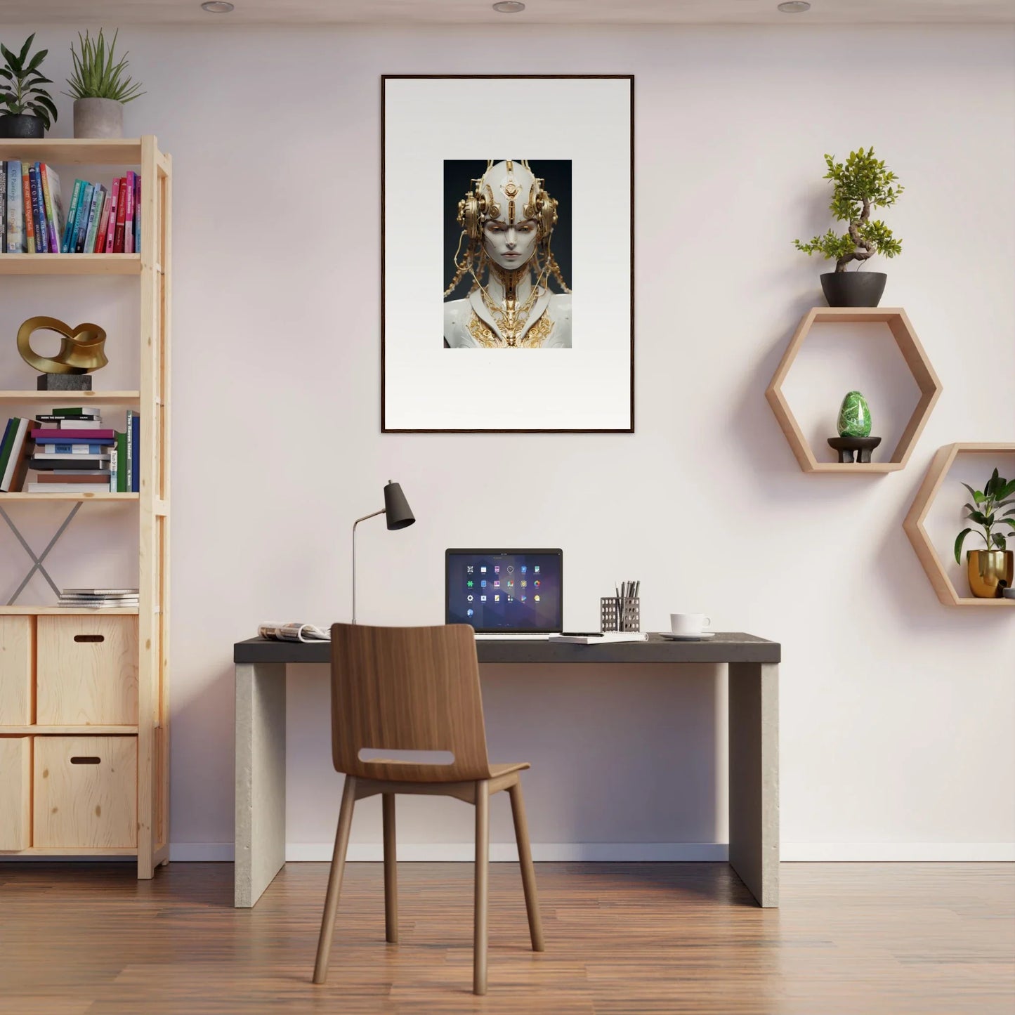 Cozy home office space with a stylish desk, chair, and canvas print for great flux radiance