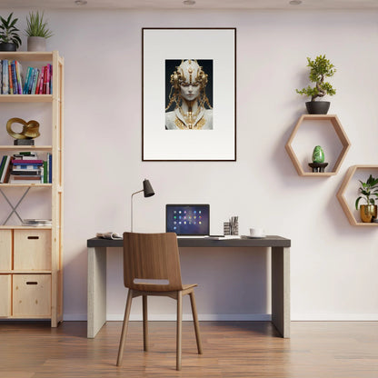 Cozy home office space with a stylish desk, chair, and canvas print for great flux radiance