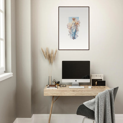 Minimalist home office with a wooden desk, computer, and Ethereal Bouquet Waltz canvas print