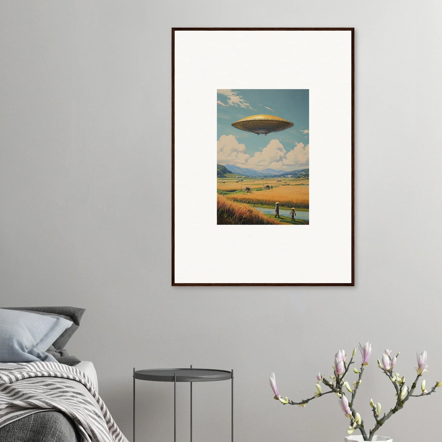 Framed canvas print of a UFO in a rural landscape, perfect for room decoration and hover query vibes