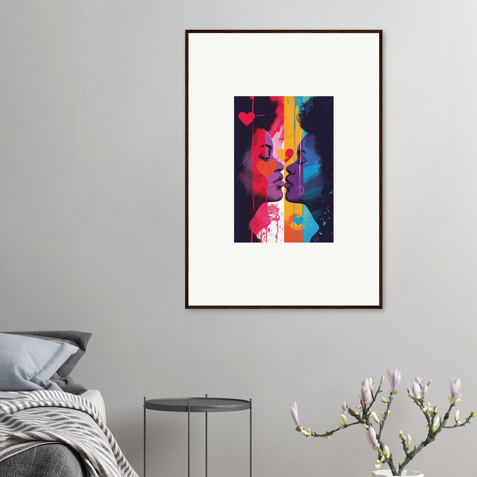 Framed colorful abstract artwork of silhouetted profiles for heartwave reflection room decoration