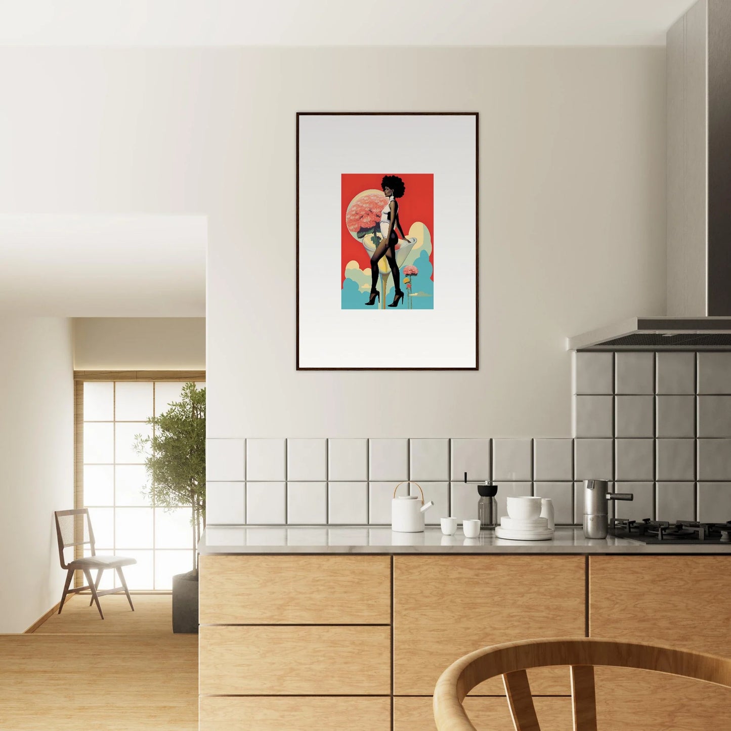 Framed canvas print of a stylized figure with colorful floral highs for room decoration