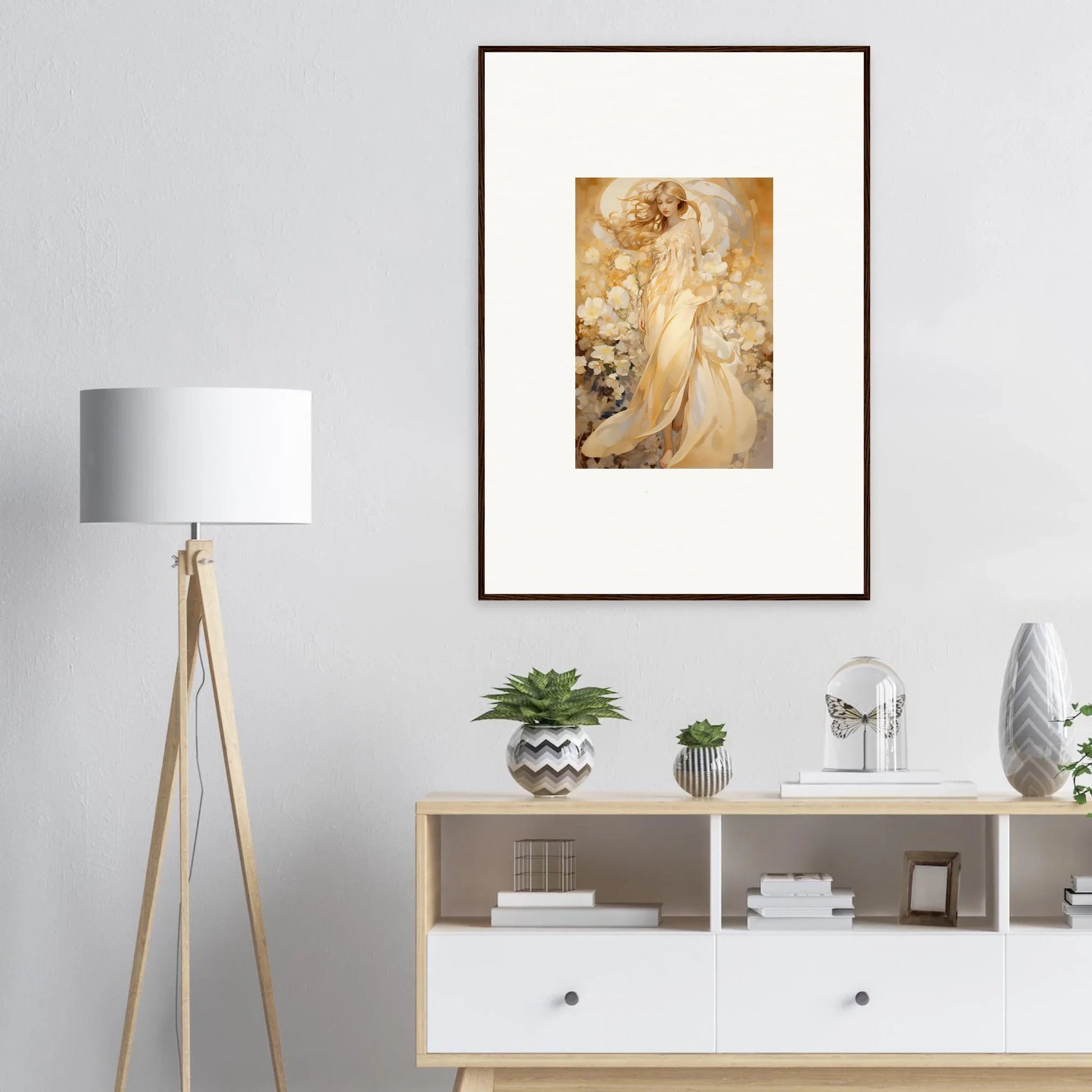 Framed canvas print of a romantic female figure in floral harmony for room decoration