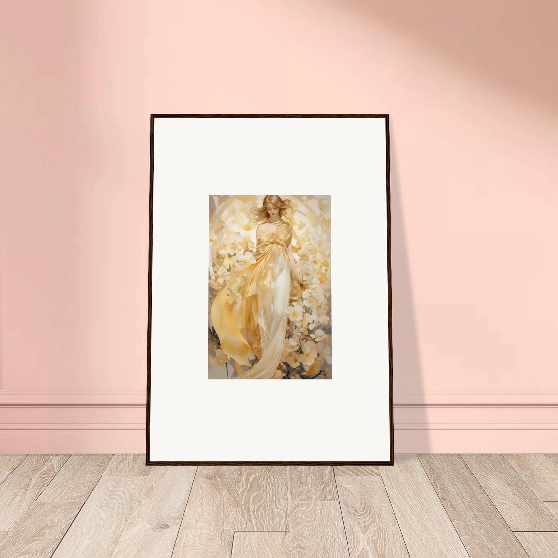 Framed canvas print of an ethereal tango woman in golden attire for room decoration