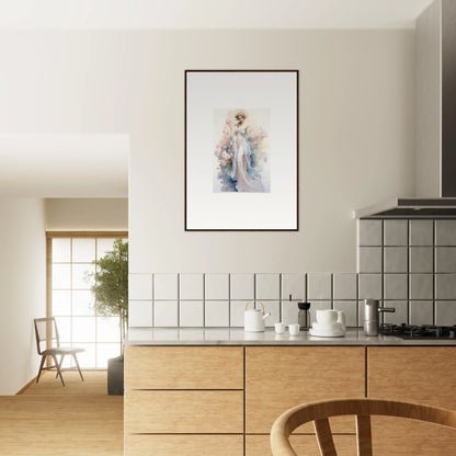 Modern kitchen with wooden cabinets and a Blossom Serenade canvas print decorating the wall