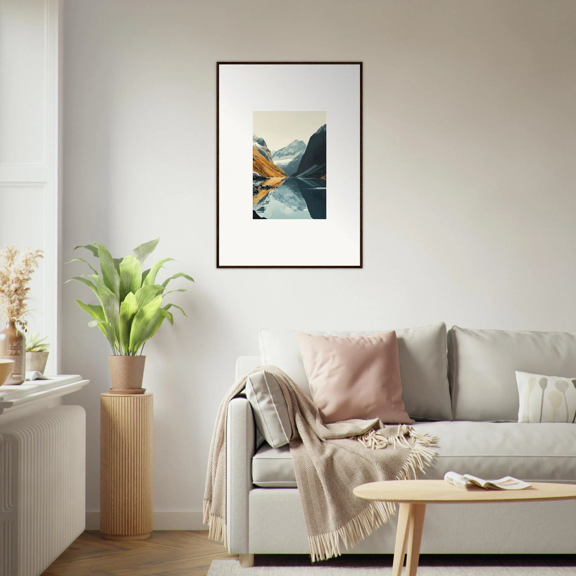 Framed canvas print of Glacier Harmony mountains and water for stylish room decoration