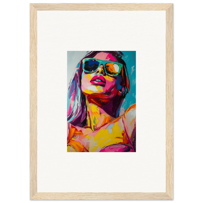 Colorful canvas print of a woman in sunglasses, perfect for a stylish room decoration