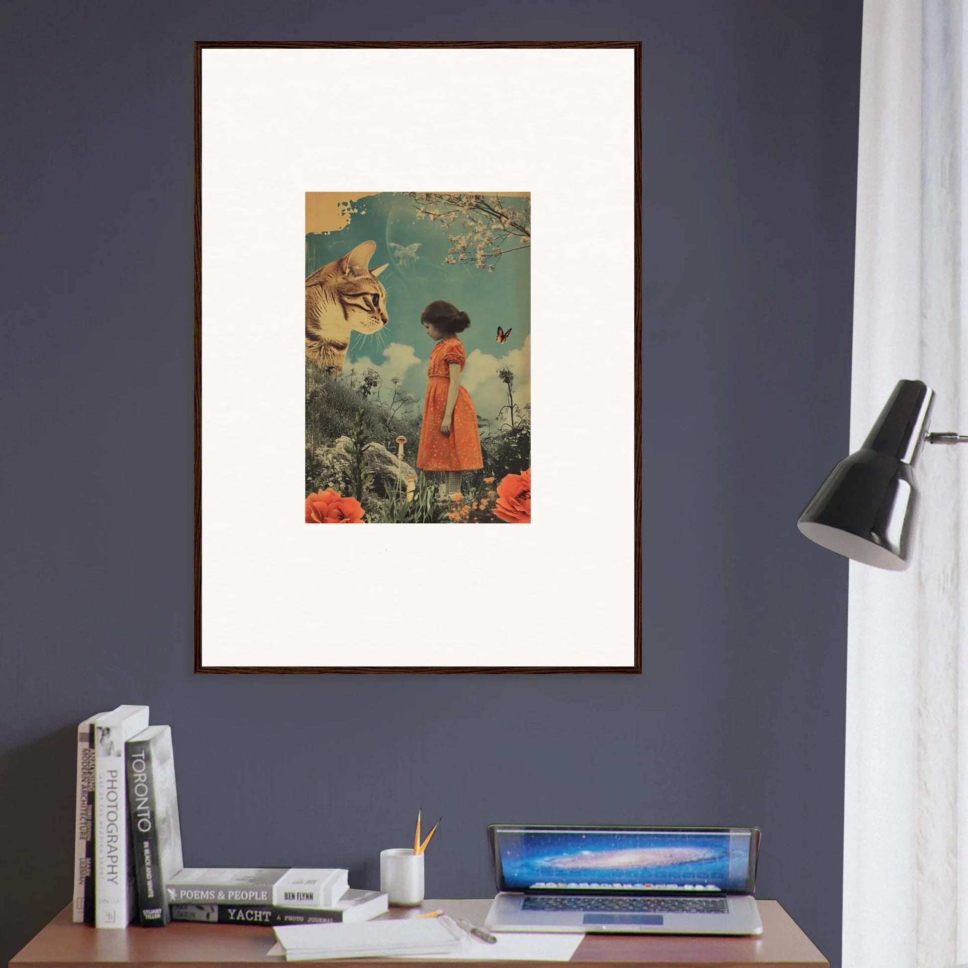 Framed surreal canvas print with orange dress figure, nature elements, and fish for Daydream Whisperannels