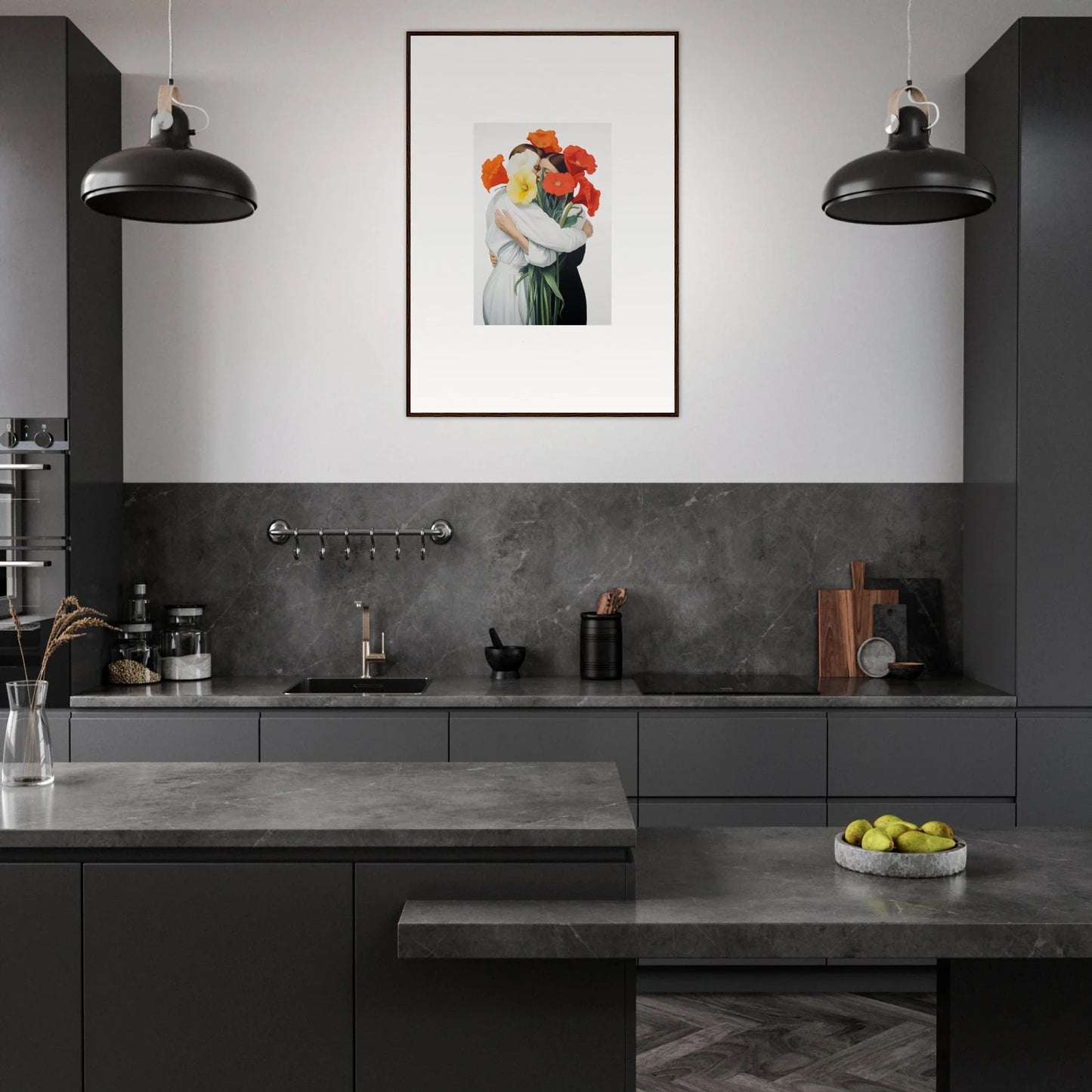 Modern kitchen with dark cabinets and Floral Vortex Embrace canvas print for room decoration