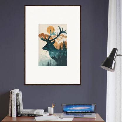 Framed canvas print of a deer silhouette filled with nature, perfect for Mirage Visions room decoration