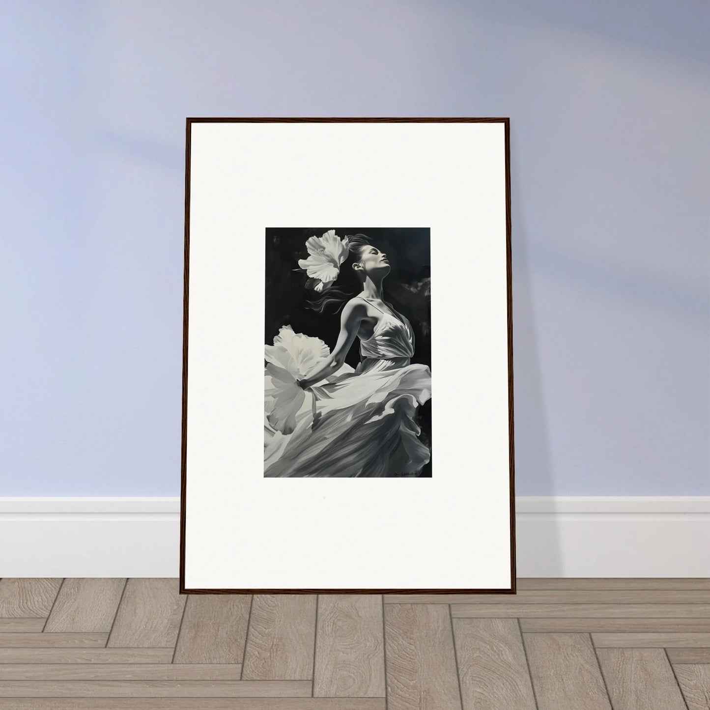 Framed black and white canvas print of a visionary reverie in flowing fabric