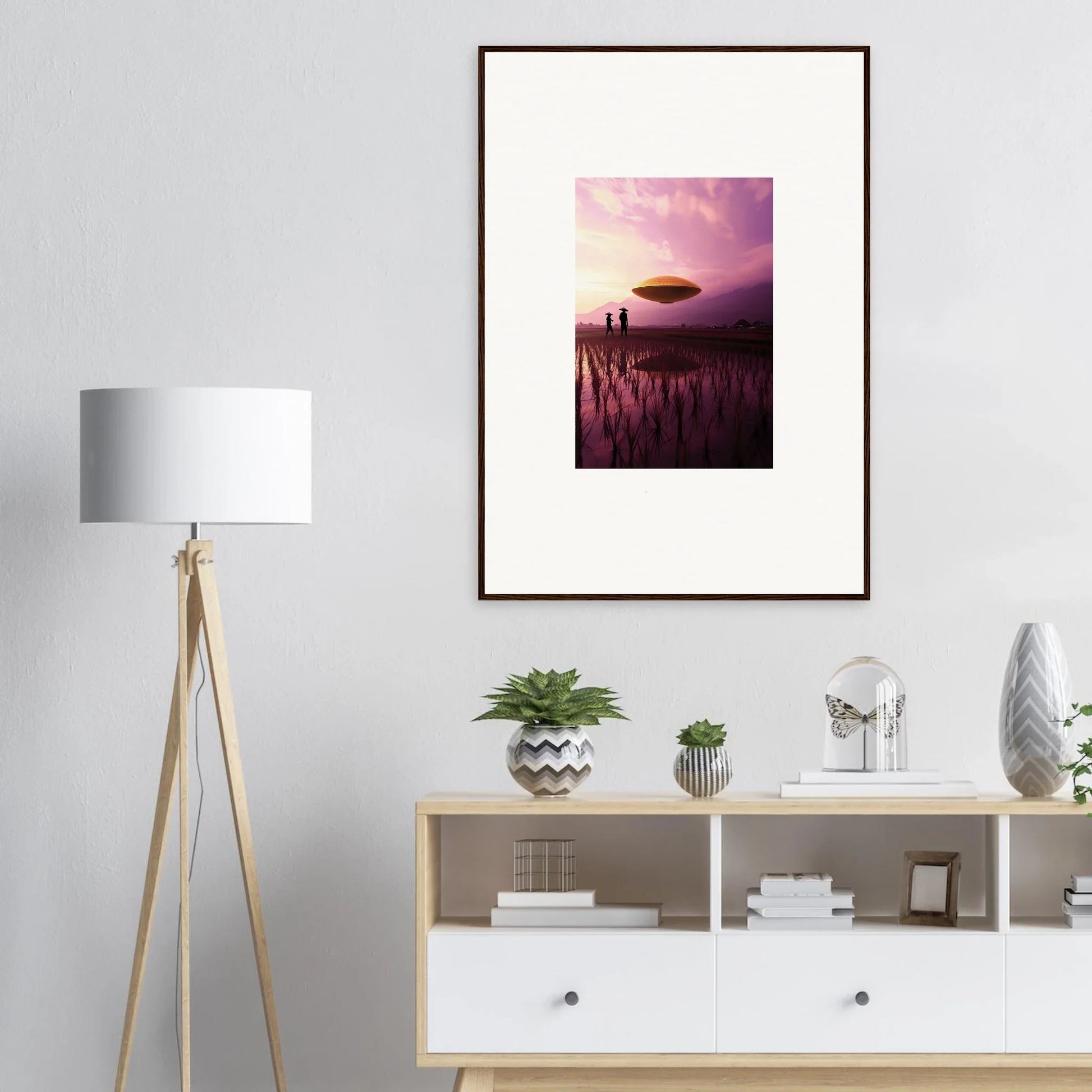 Framed canvas print of Violet Dreaming UFO over a field at sunset, perfect room decoration