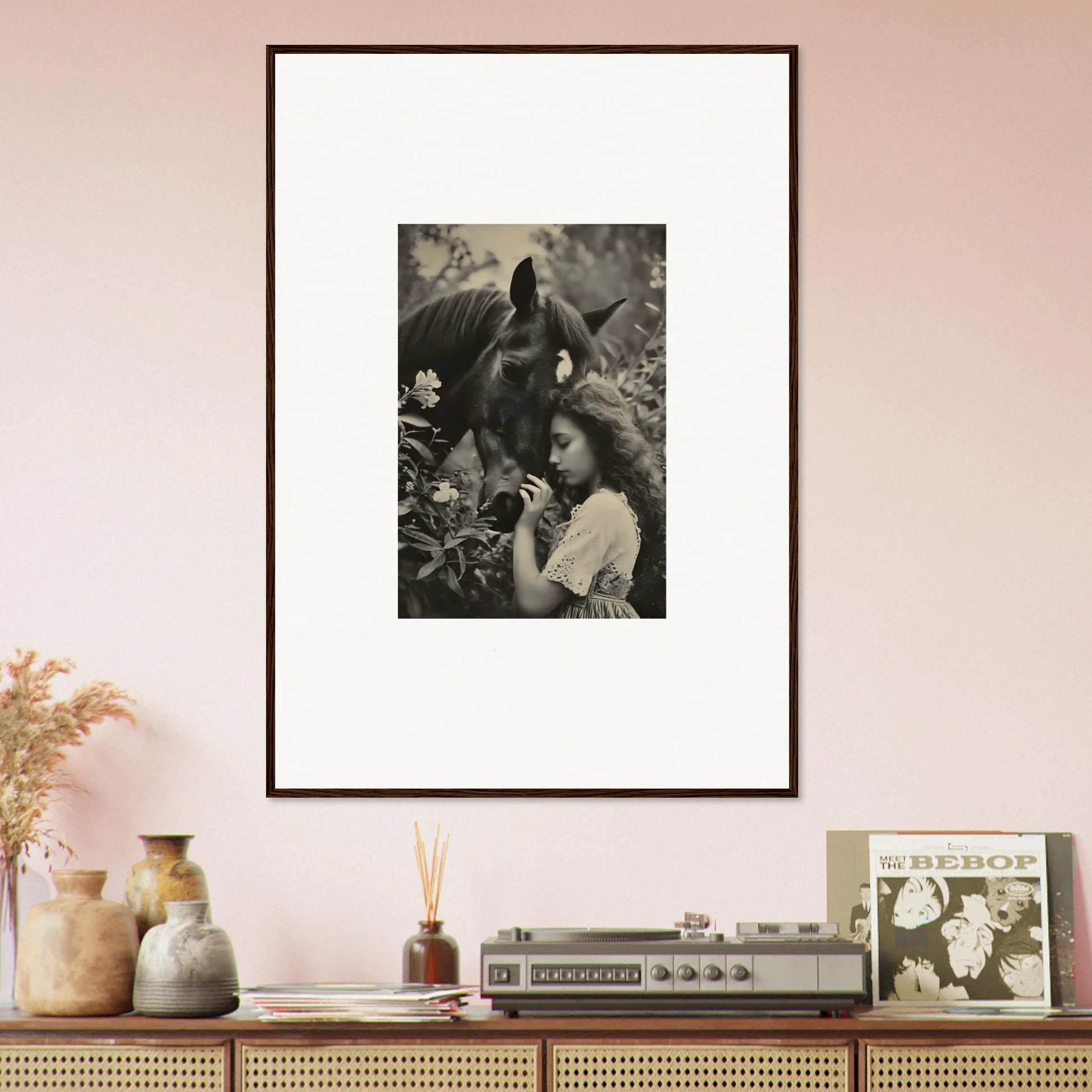 Framed black and white photo of a person with a horse for Ethereal Equinox Whispers room decoration