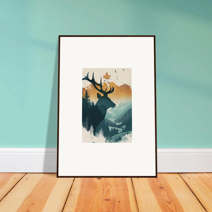 Framed canvas print of a stag haze silhouette in a stunning mountain scene for room decoration