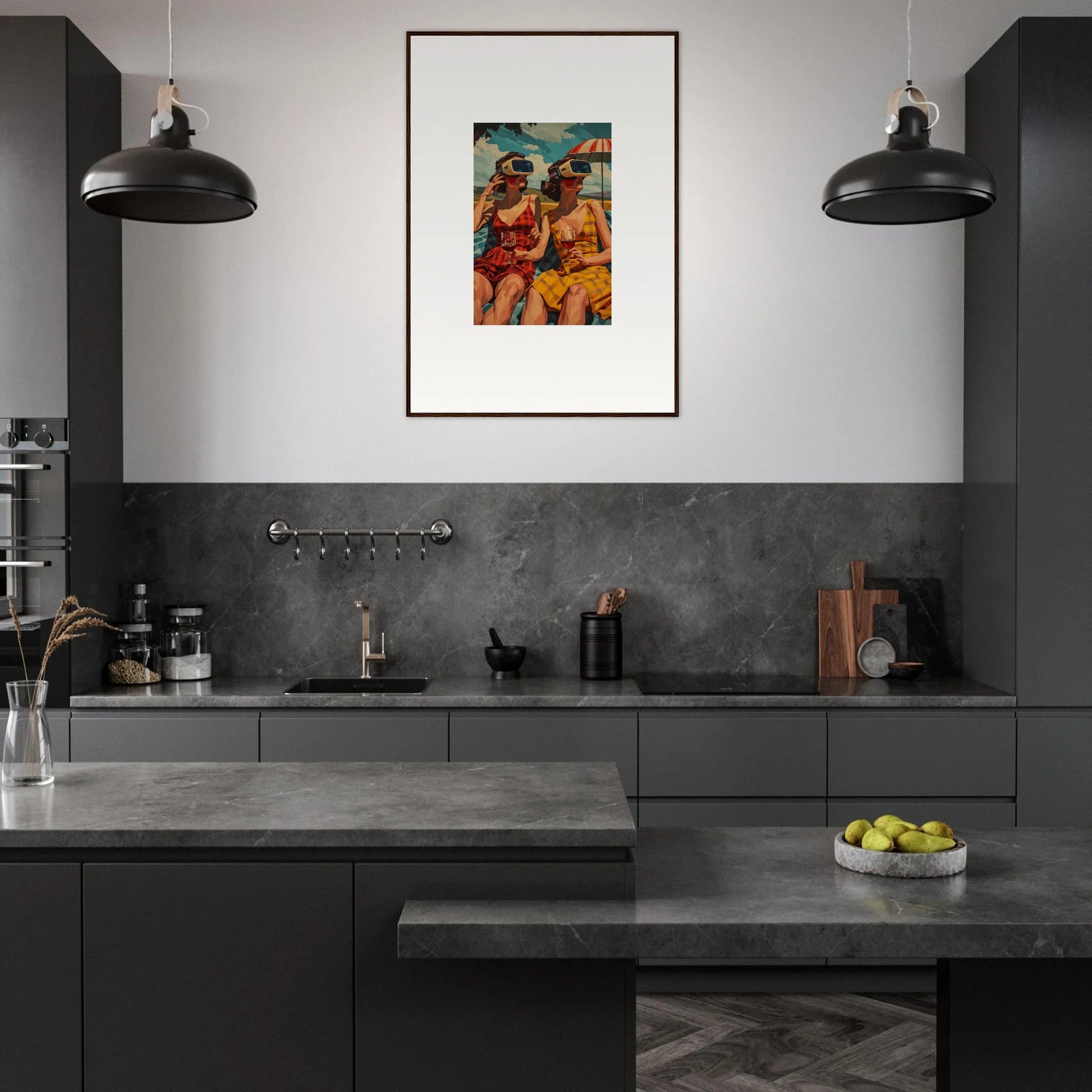 Modern kitchen with dark cabinets, gray tops, and a vibrant canvas print of Morning Sunshine