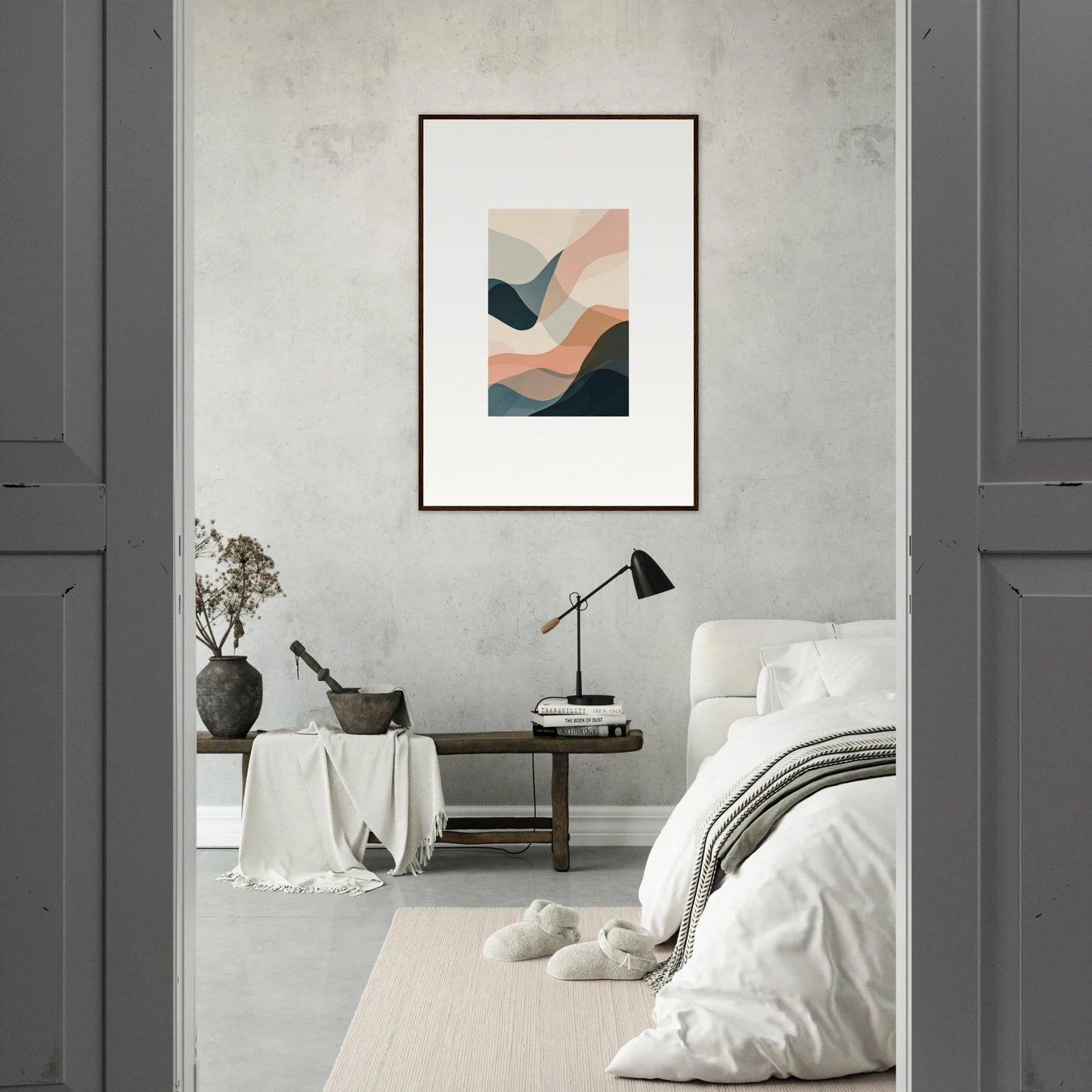 Framed abstract canvas print with curved shapes for stylish room decoration wall art