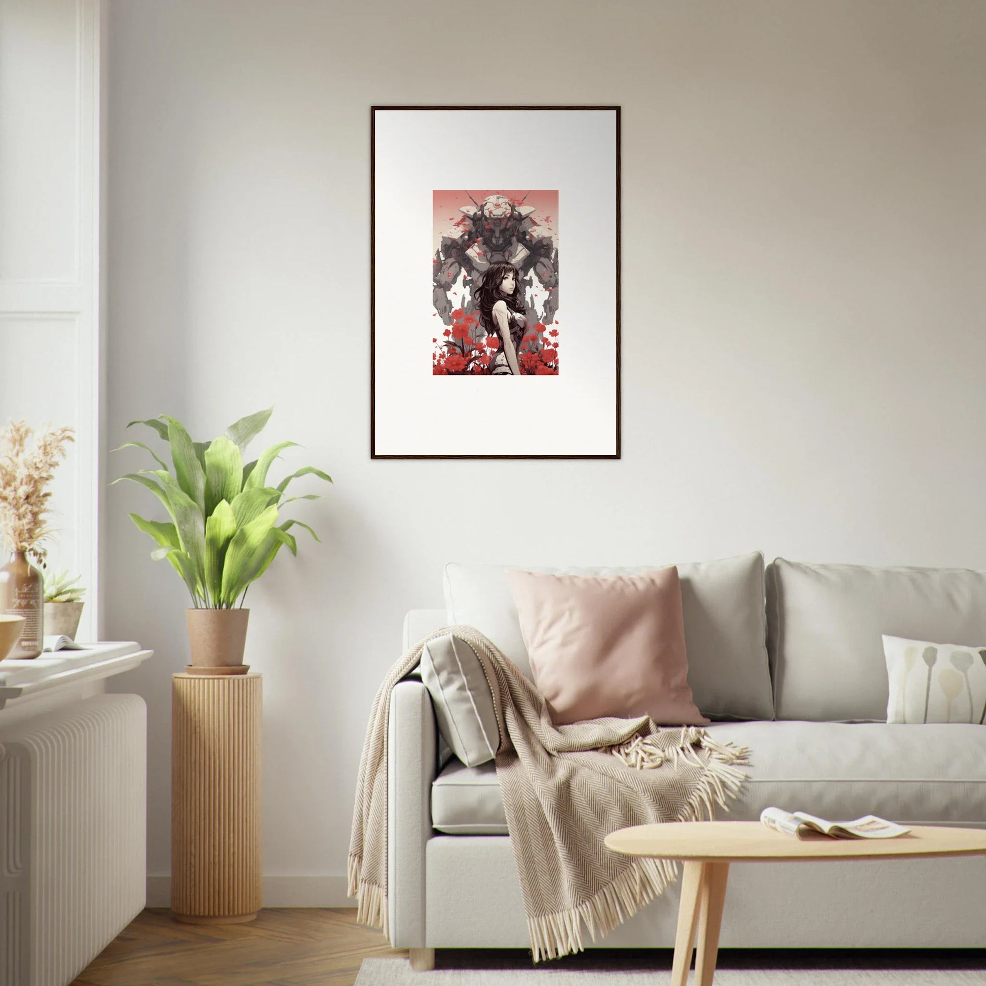 Stylized characters in a dramatic pose on this canvas print for cool room decoration