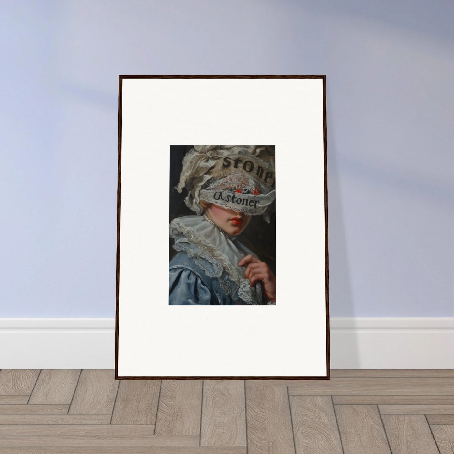 Framed canvas print of a figure in historical clothing with newspaper-covered face, great for room decoration