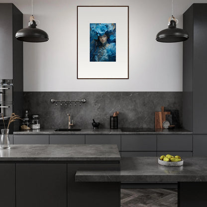 Modern kitchen with dark cabinets and a stunning Blue Symphony canvas print