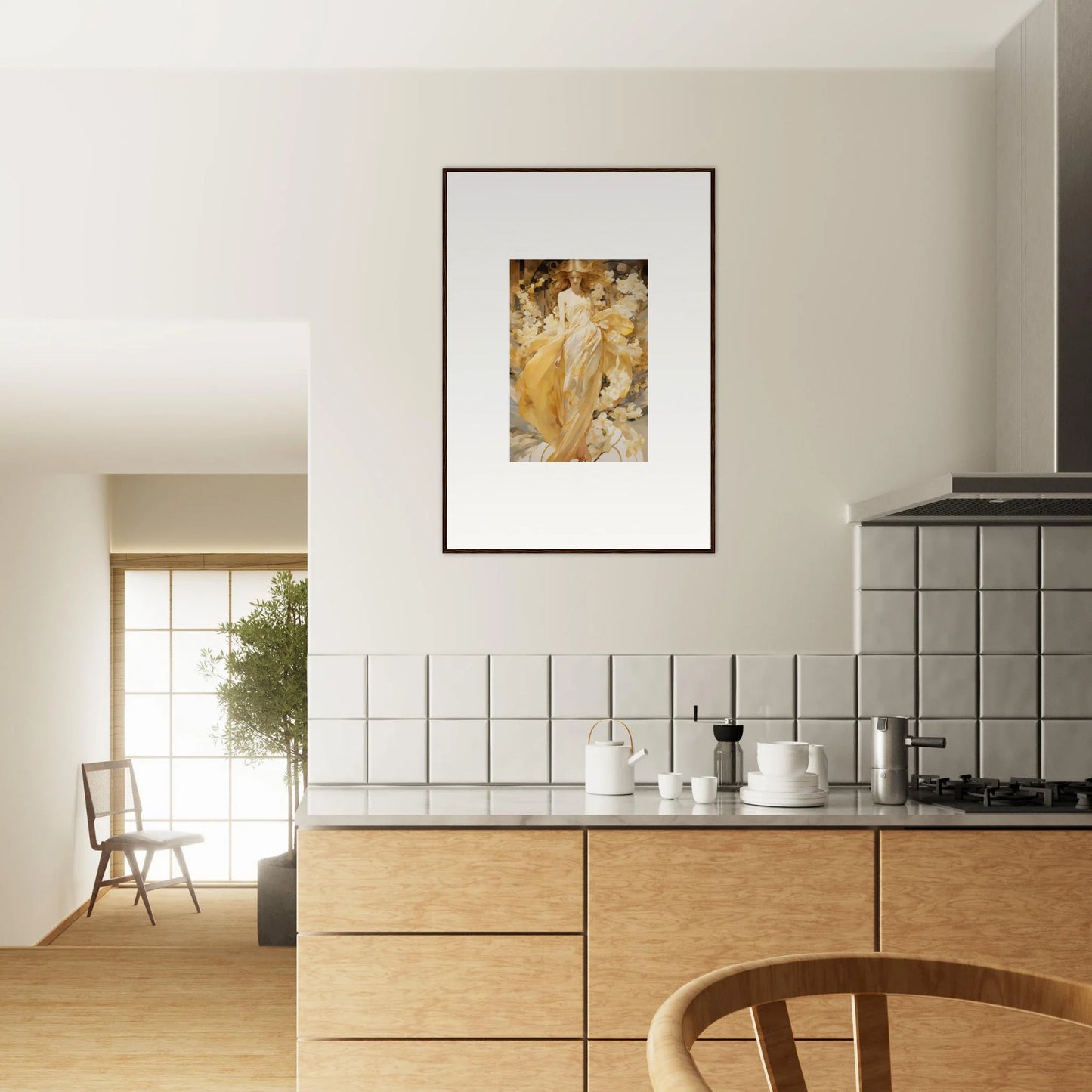 Modern kitchen with wooden cabinets and a Canvas Print of Petal Serenade for room decoration