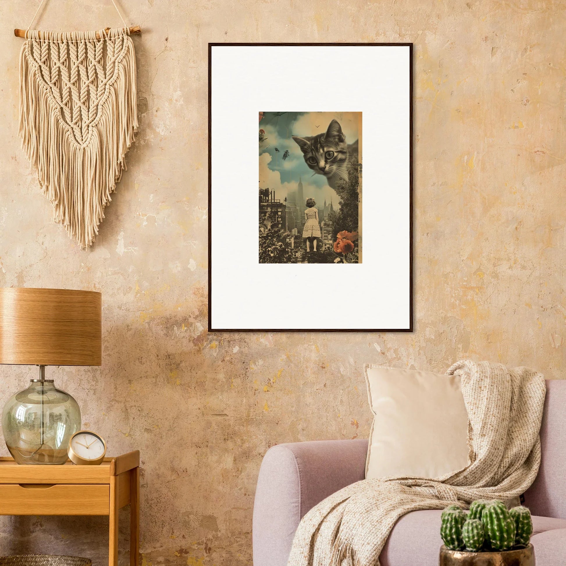 Framed surrealist canvas print of a giant cat over a cityscape, perfect for room decoration