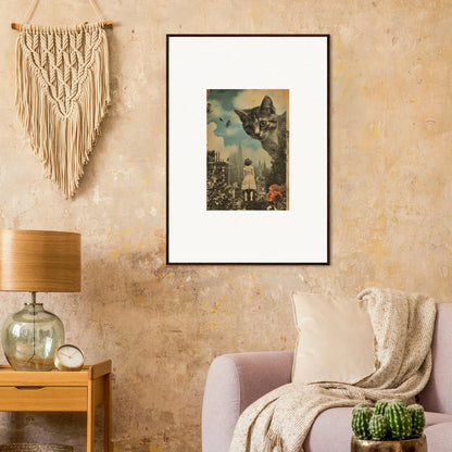 Framed surrealist canvas print of a giant cat over a cityscape, perfect for room decoration