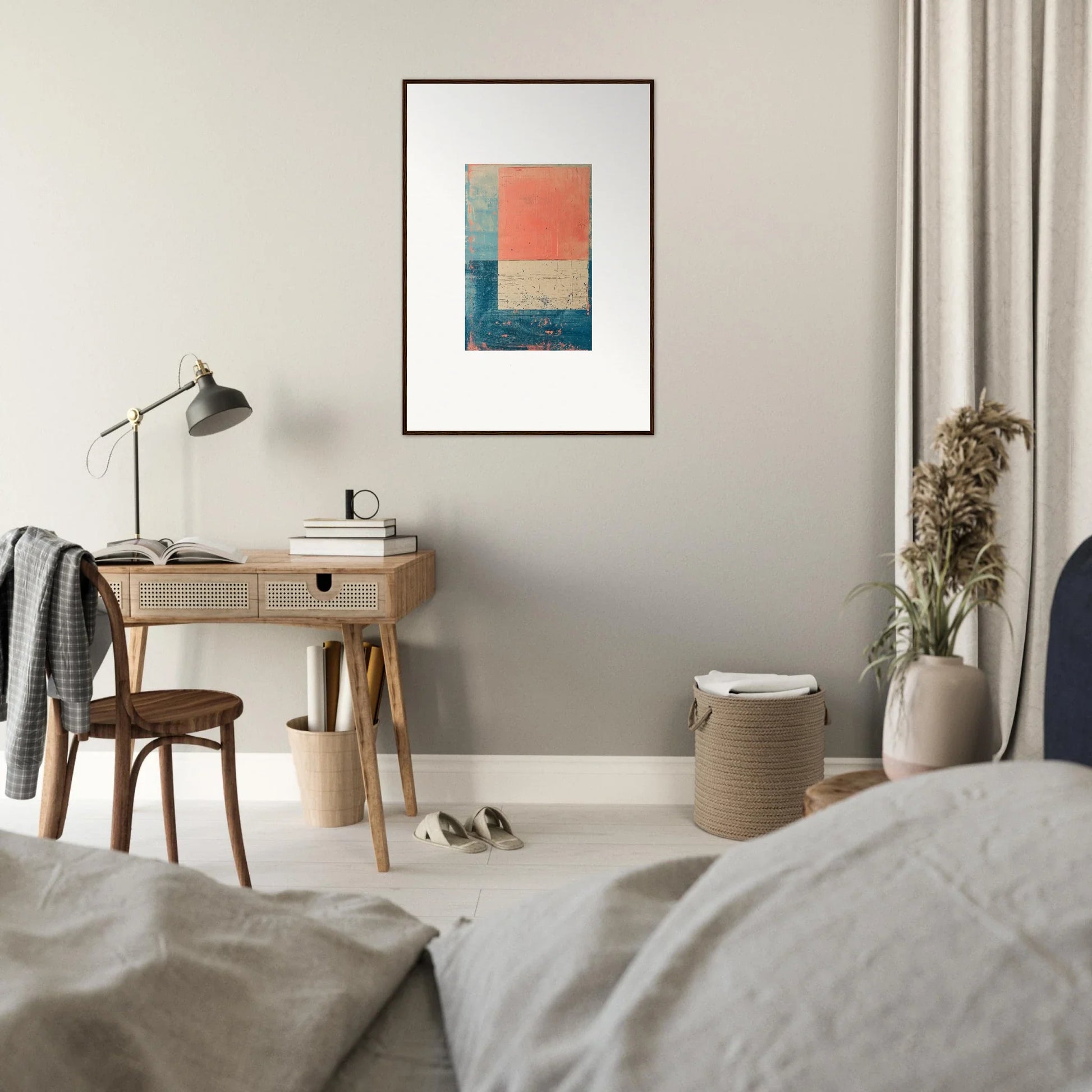 Framed abstract canvas print featuring palette whispers in orange and blue for room decoration