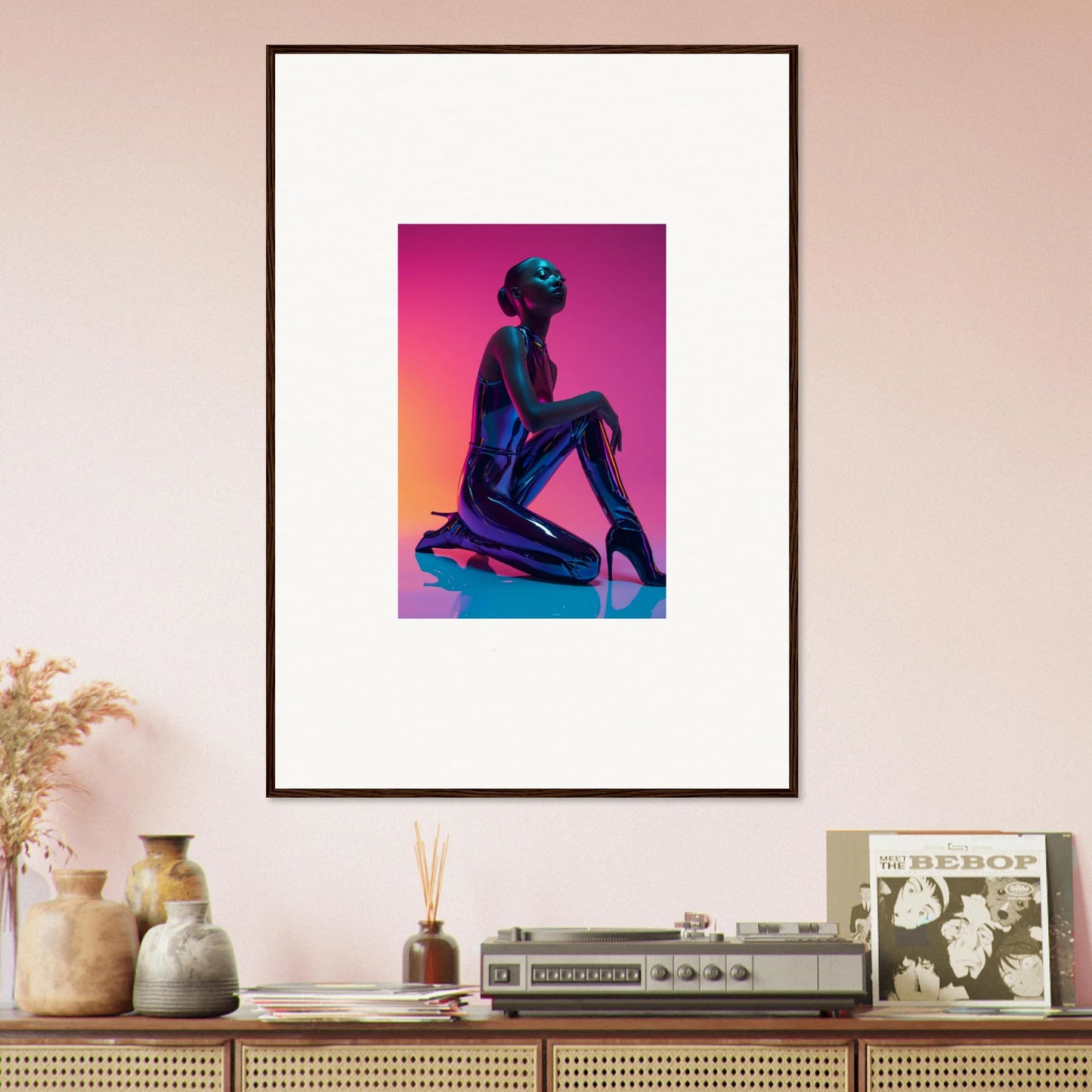 Stylized metallic blue figure in a vibrant pink and orange neon vortex canvas print