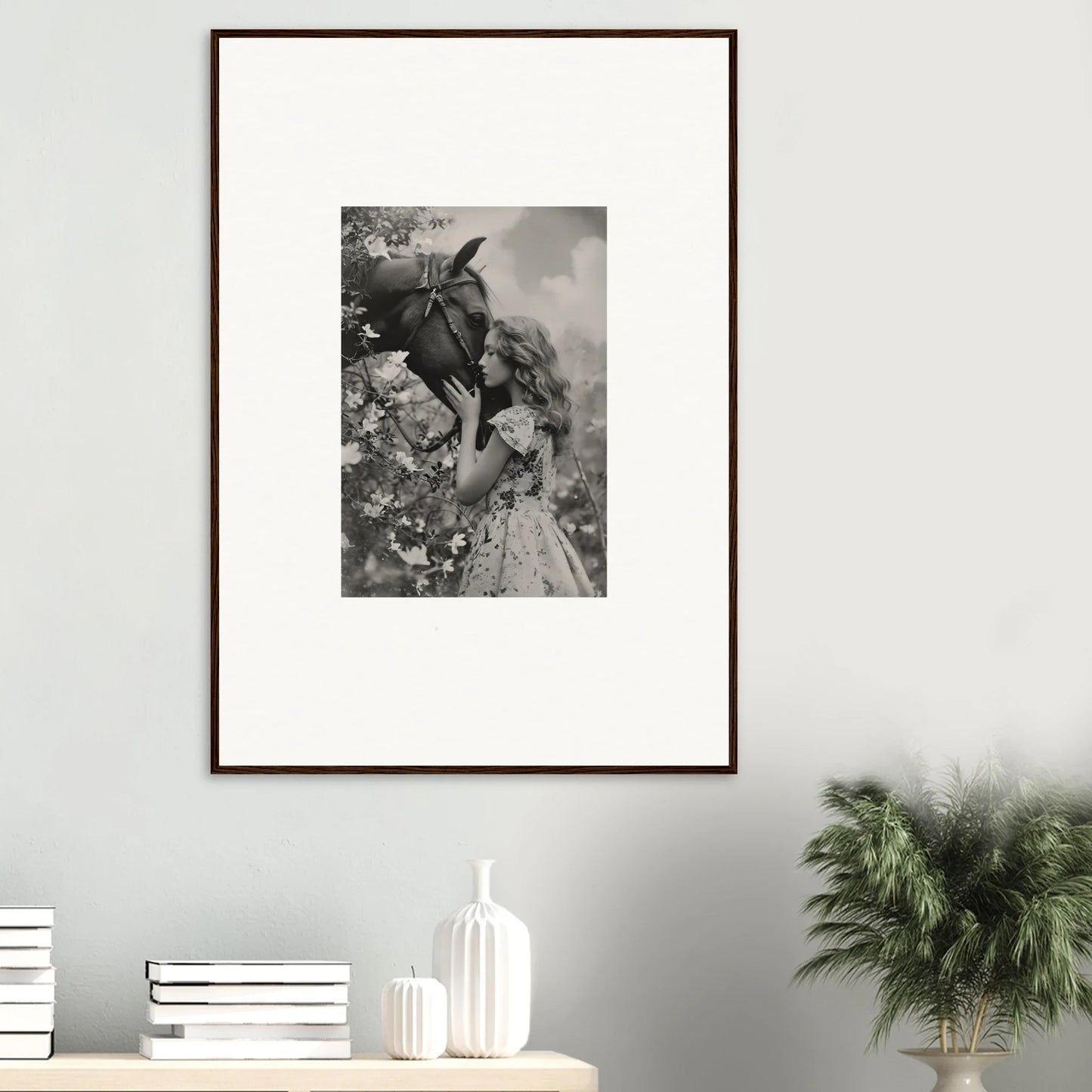 Framed black and white photo of a person and goat for quirky room decoration