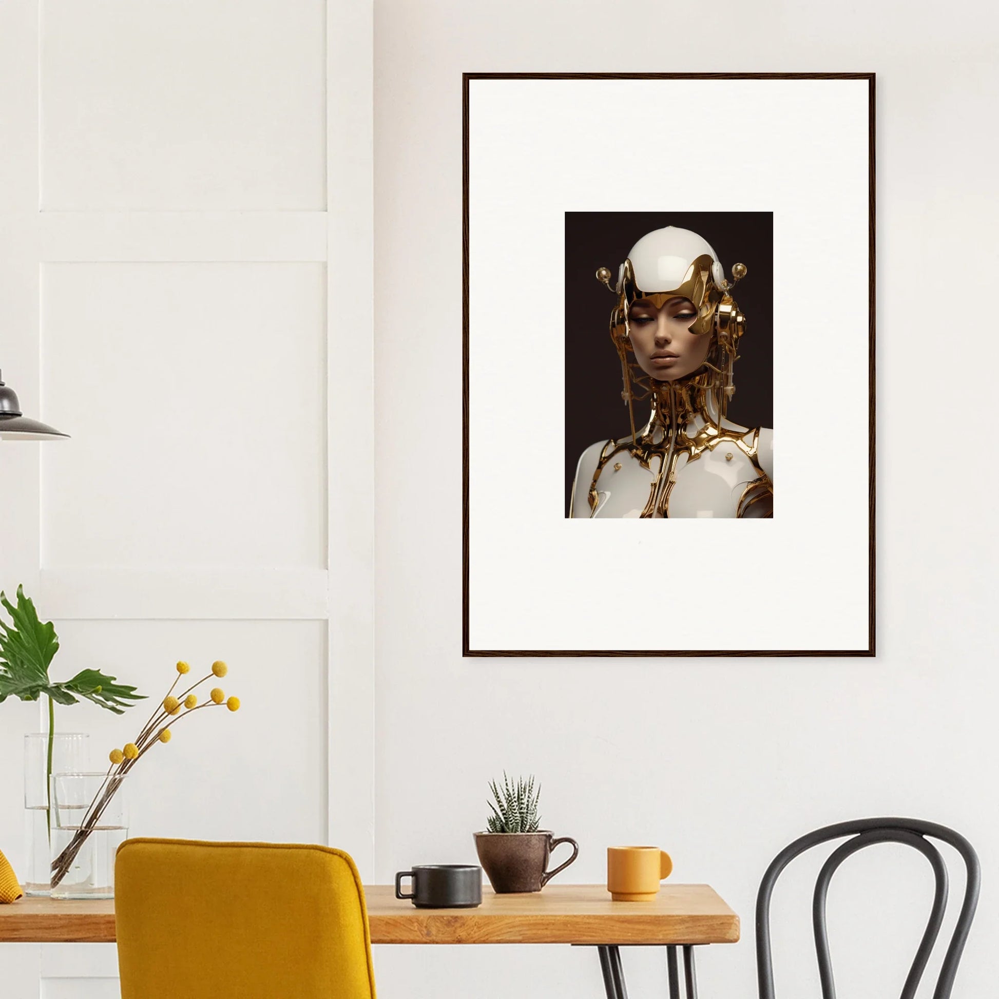 Framed canvas print of a futuristic figure with a white dome headpiece for room decoration