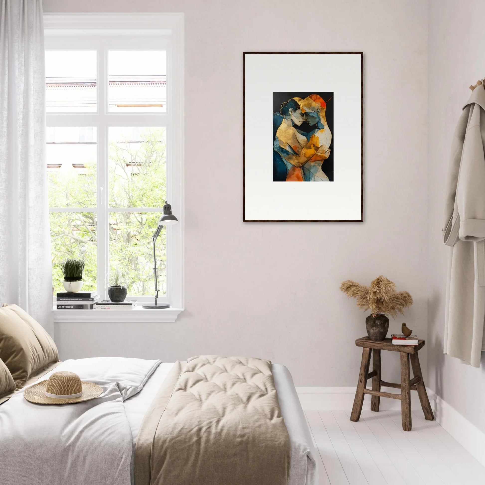 Cozy bedroom featuring a canvas print of Nebula Psyche Harmonies for stylish room decoration