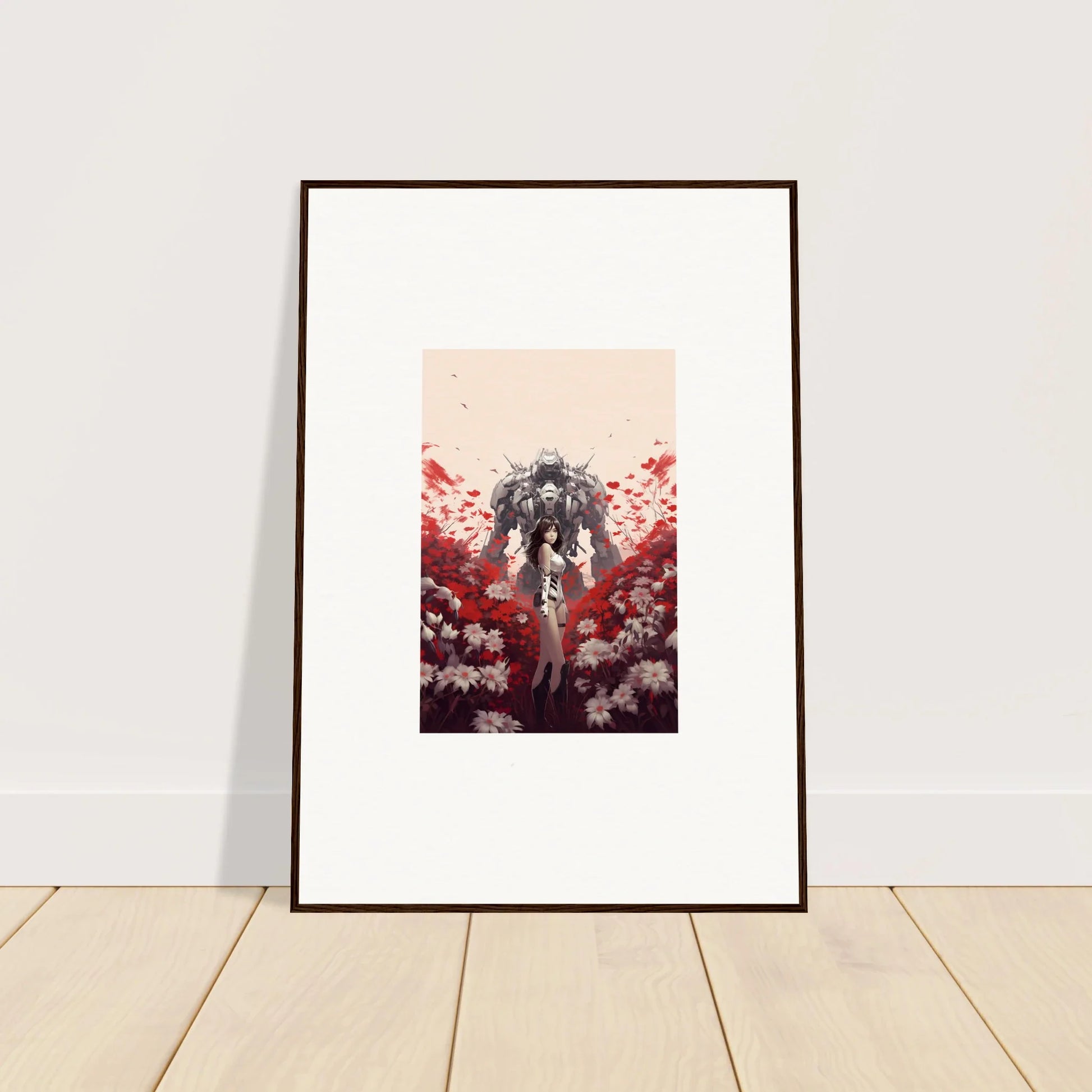 Framed canvas print featuring a dark figure with red and white flowers, boundary whimsy decor