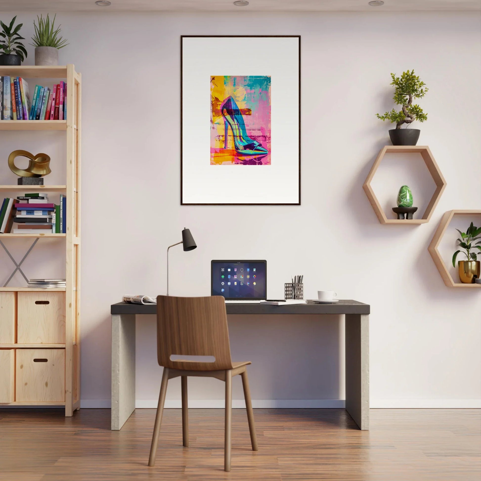 Modern home office with stylish desk, chair, and Framed Wall Art for Noir Reverie room decor